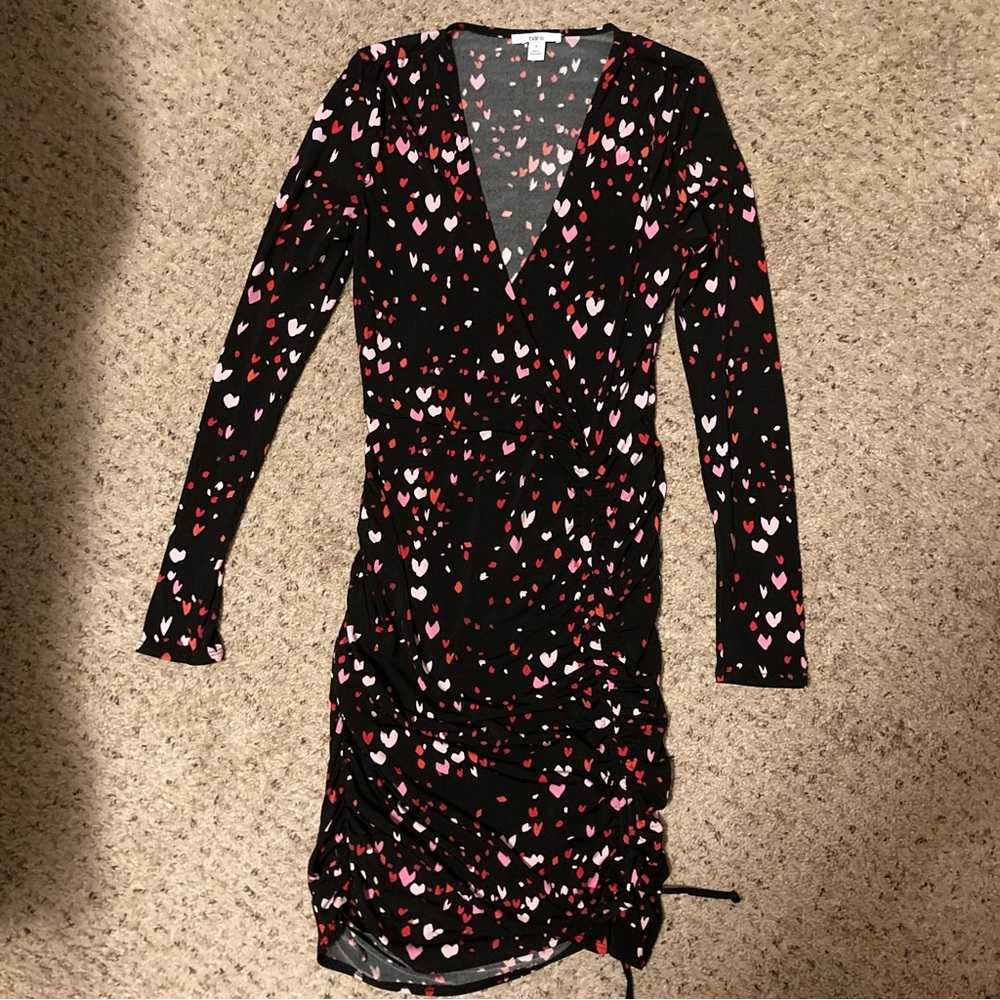Bar III heart print ruched faux wrap long sleeve stretch black dress bodycon